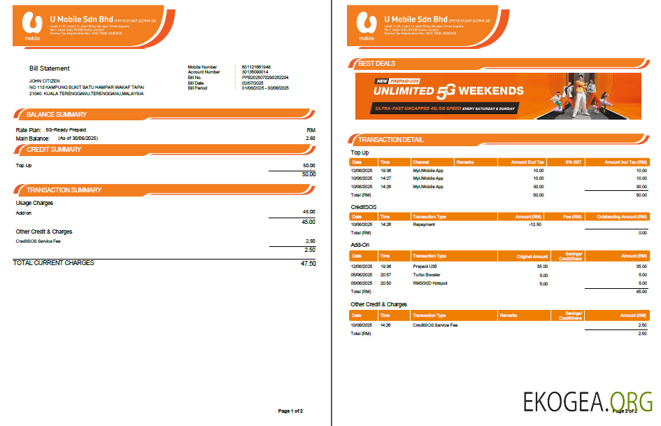 Malaysia U Mobile utility bill template in Word and PDF formats, 2 pages, version 2